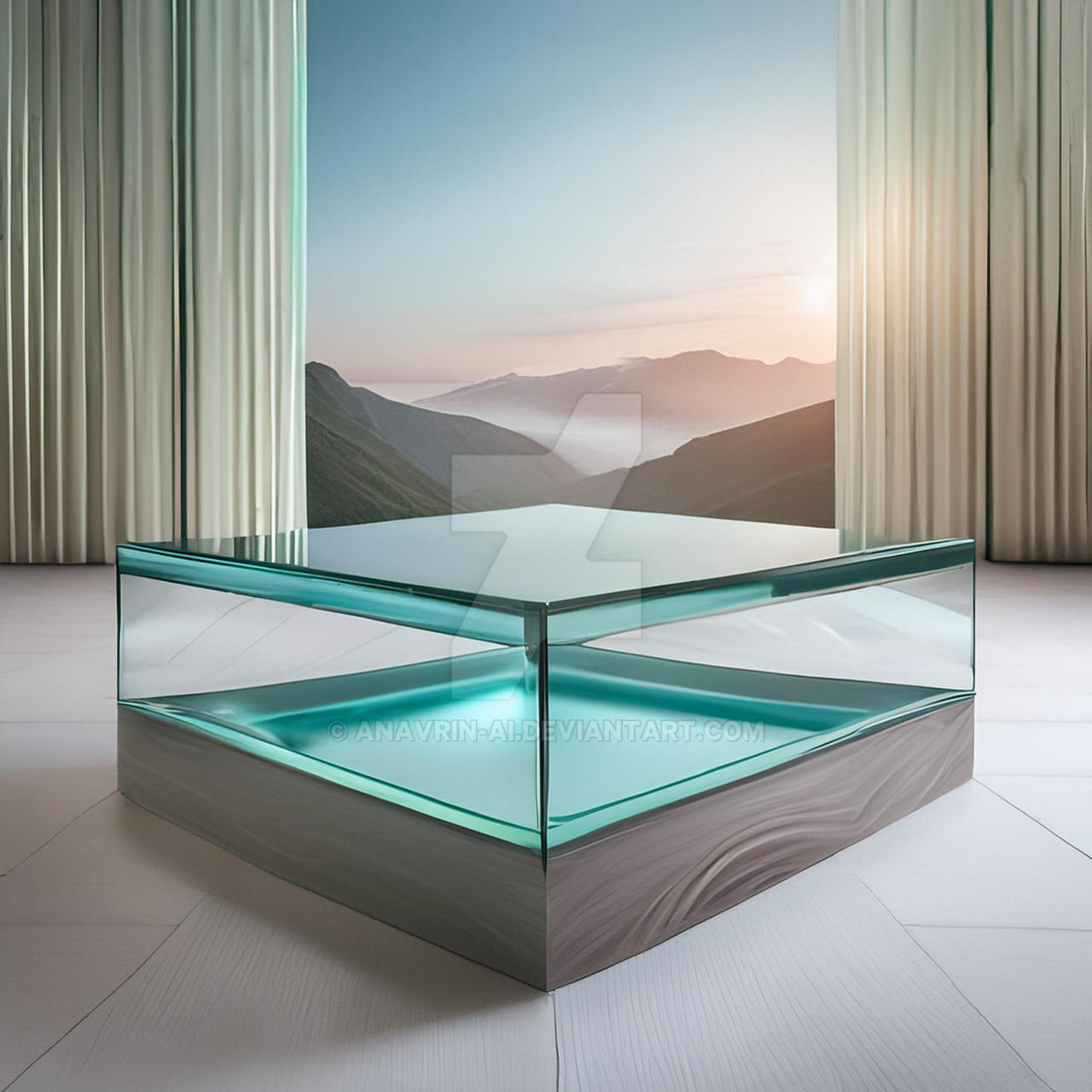 A glass box with curtains and a sunset in the background